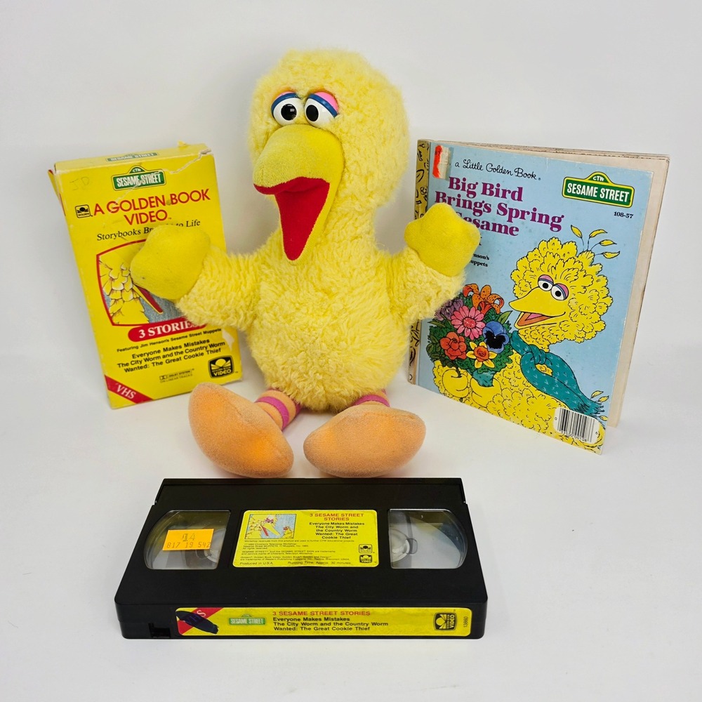 Sesame Street Big Bird Plush Book VHS Lot Vintage 1985 15in Stuffed Animal CTW
